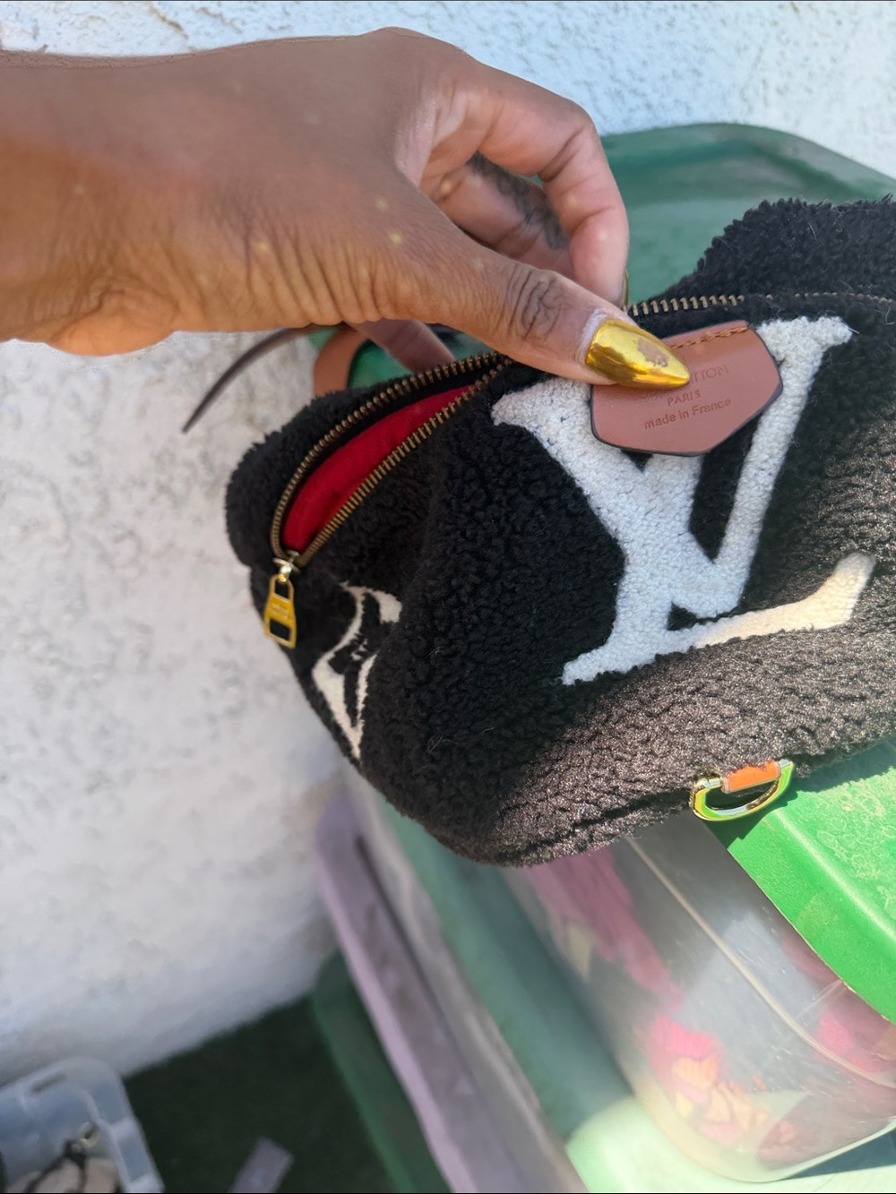 Louis Vuitton Black & White Shearling Crossbody with Red Interior